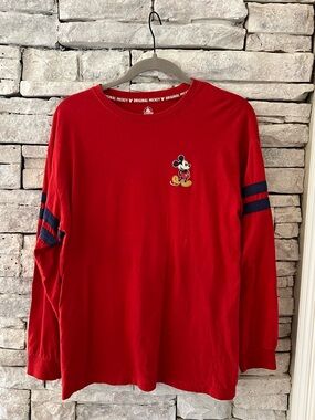 Disney Red Long-Sleeve Shirt with Mickey Patch and Navy Stripes